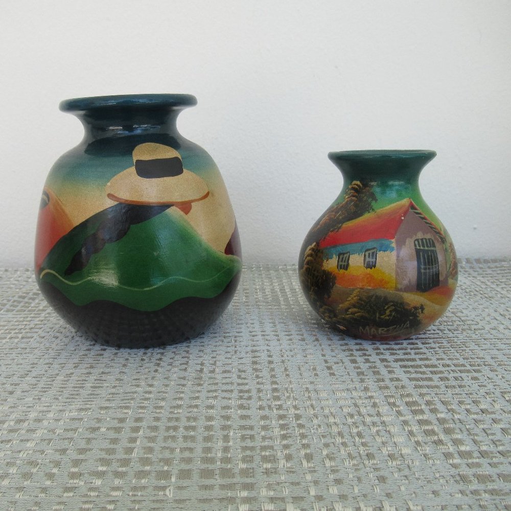 Peruvian Inca Clay Vase Hand crafted & painted, Peru Pottery Set of 2 Vases
